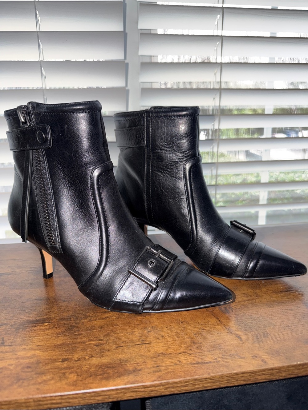Vince Camuto Black Leather Pointed Toe Ankle Boots with Buckle Accent
